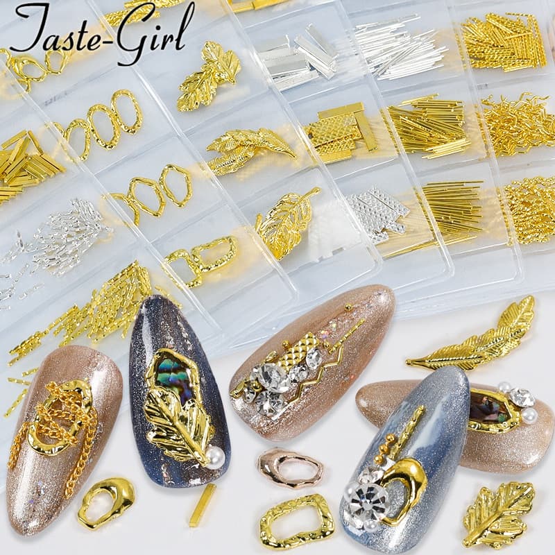 Kit 12 Kit Decoração Unhas 3D Metal Dourado Prata Penas Correntes Strass Nail Art Gel Pronto Entrega