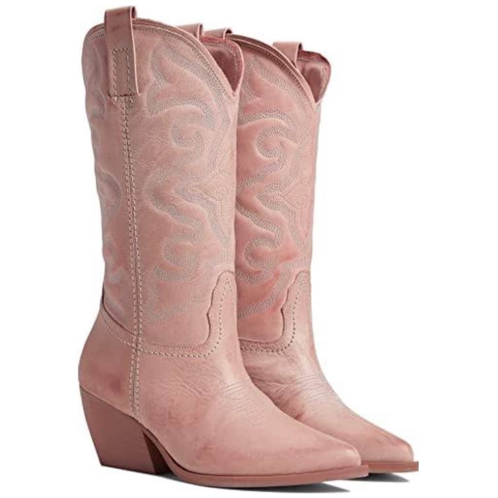 Bota West Rosê Country Feminina Cano Médio Bico Fino Christian Fischer Texana Bordada Couro
