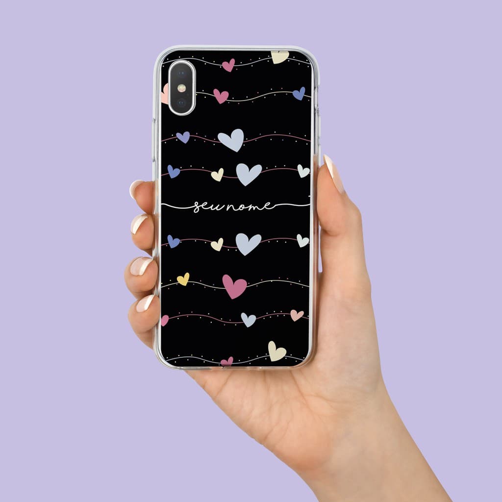 Capa Capinha de Celular Corações Personalizada com Nome para Iphone, Galaxy, Moto, Redmi, MI e Zenfone