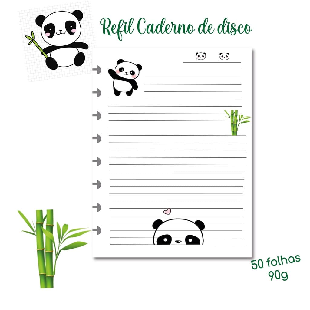 Refil Caderno Disco Inteligente A5 8 Furos kawaii Pandinha