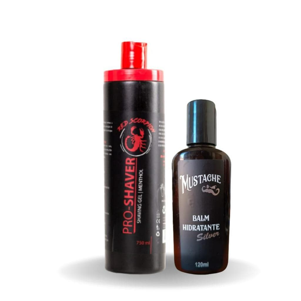 Kit Barbeiro, Shaving Gel para Barbear Red Scorpion 750 ML, Balm Hidratante Mustache Silver 120 ML, Barbearia, Salão.