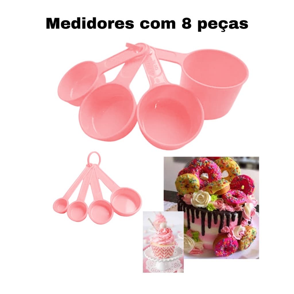 Medidores xicaras e colheres rosa  - 8 peças