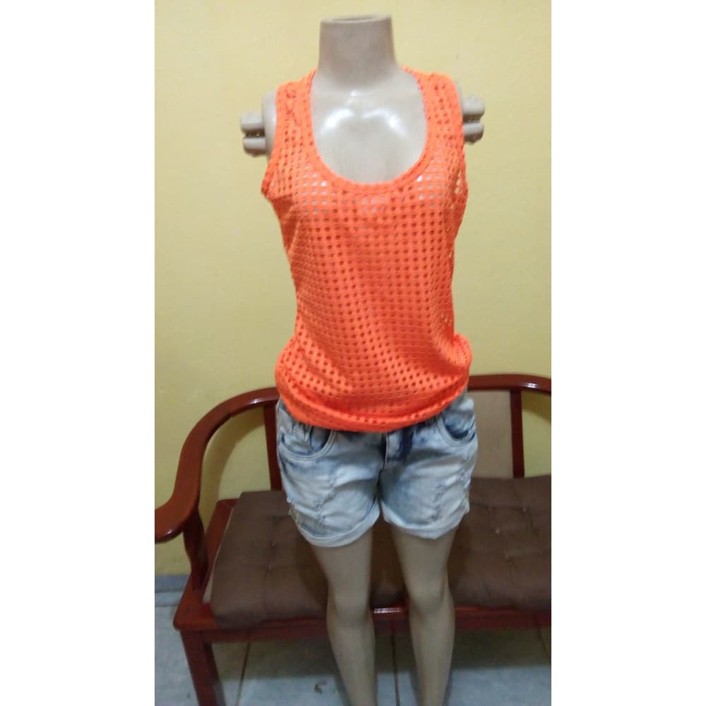 blusa feminina Regata de Alça  com furos vasados  fashion life- M poliéster com elastano Moda Verão-moda praia