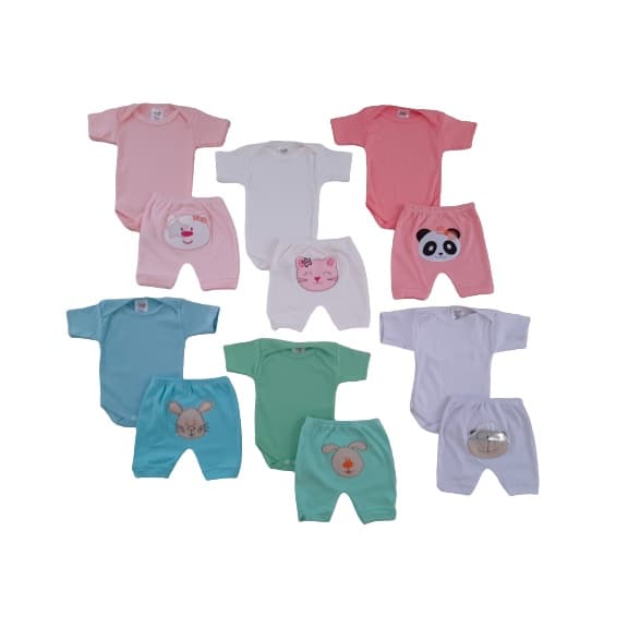 Kit 4 Peças Body Manga Curta com Shorts suedine 100% Algodão Tamanhos PMG menina menino