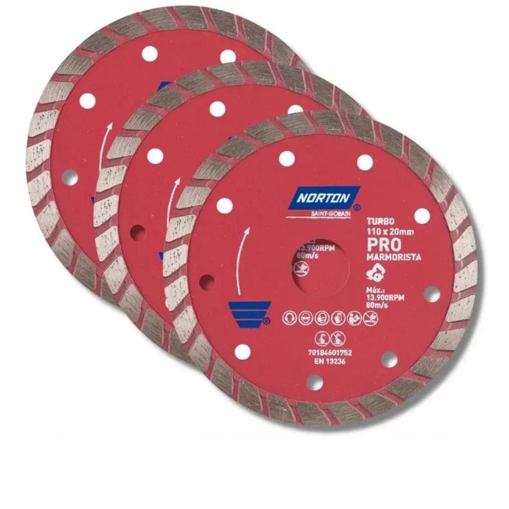 Disco De Corte Diamantado Turbo Norton Pro 110mm Para Marmorista - Kit Com 3 Peças