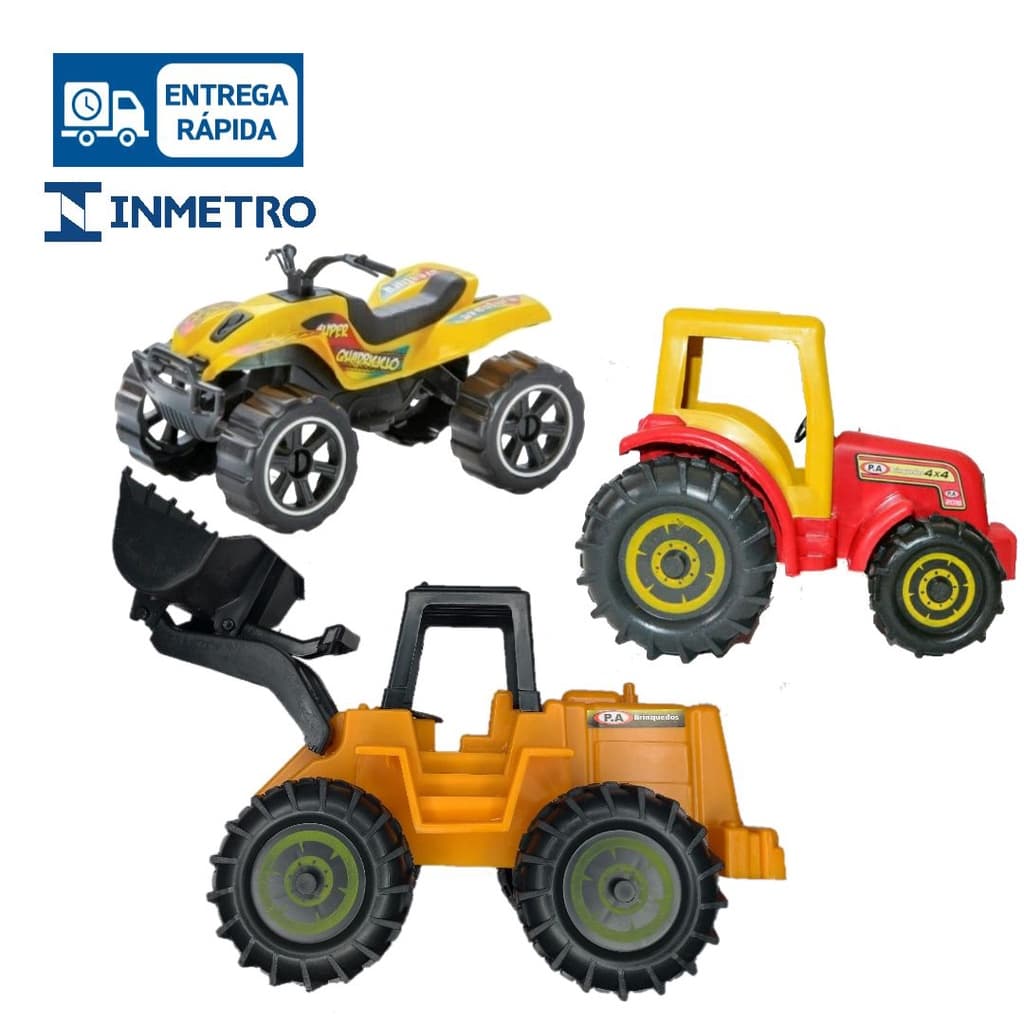 Kit 3 Brinquedos Retroescavadeira Grande + Quadriciclo + Trator Carrinho Articulável Grande praia Infantil
