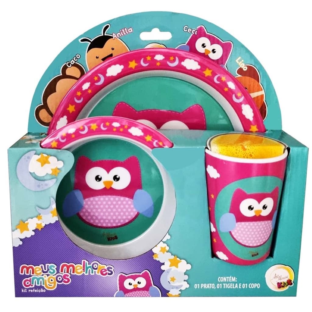 Kit Refeição Infantil Coruja com Prato Tigela e Copo