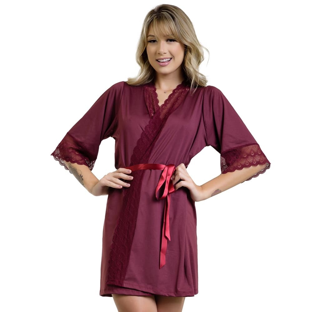 Robe Kimono Microfibra e Renda Moda Feminina Linha Noite | 850