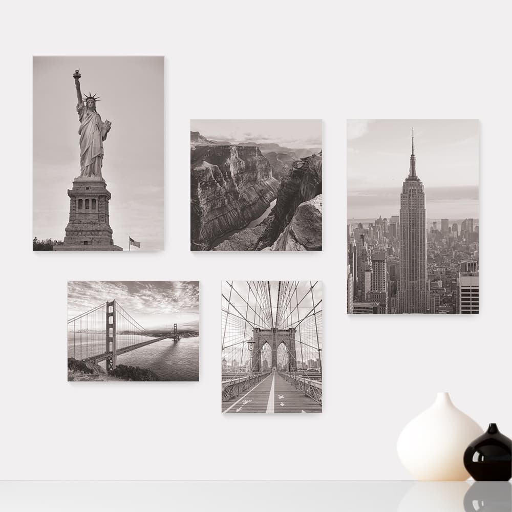 Kit 5 Quadros Decorativos Placas - Estados Unidos - Pontos Turísticos - Nova Iorque São Francisco Estátua Canyon - Preto e Branco Casa Quarto Sala - 272ktpl5