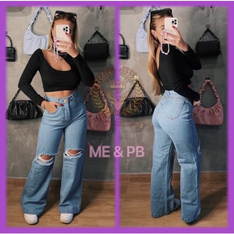 Calça jeans wide leg pantalona feminina fabricante (ME&PB)