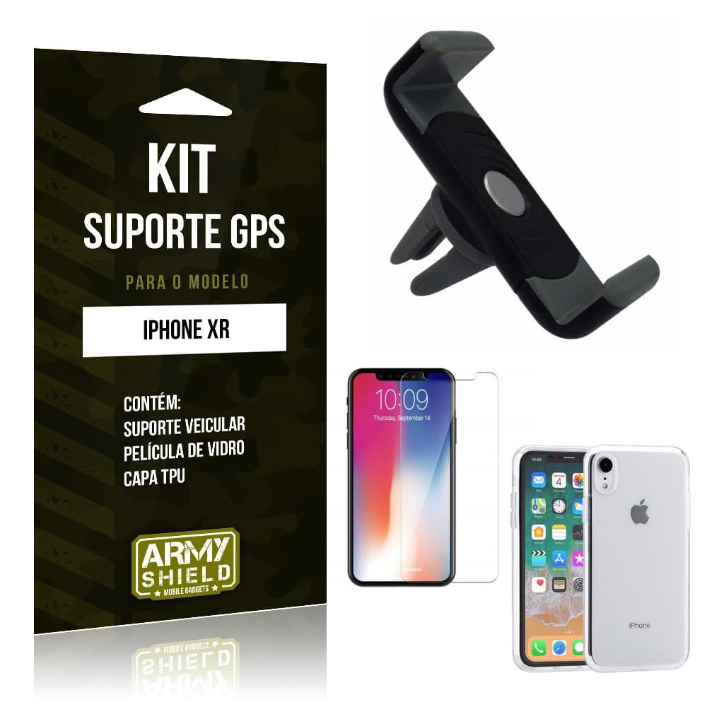 Kit Suporte Veicular Apple iPhone XR 6.1 Suporte + Película + Capa - Armyshield