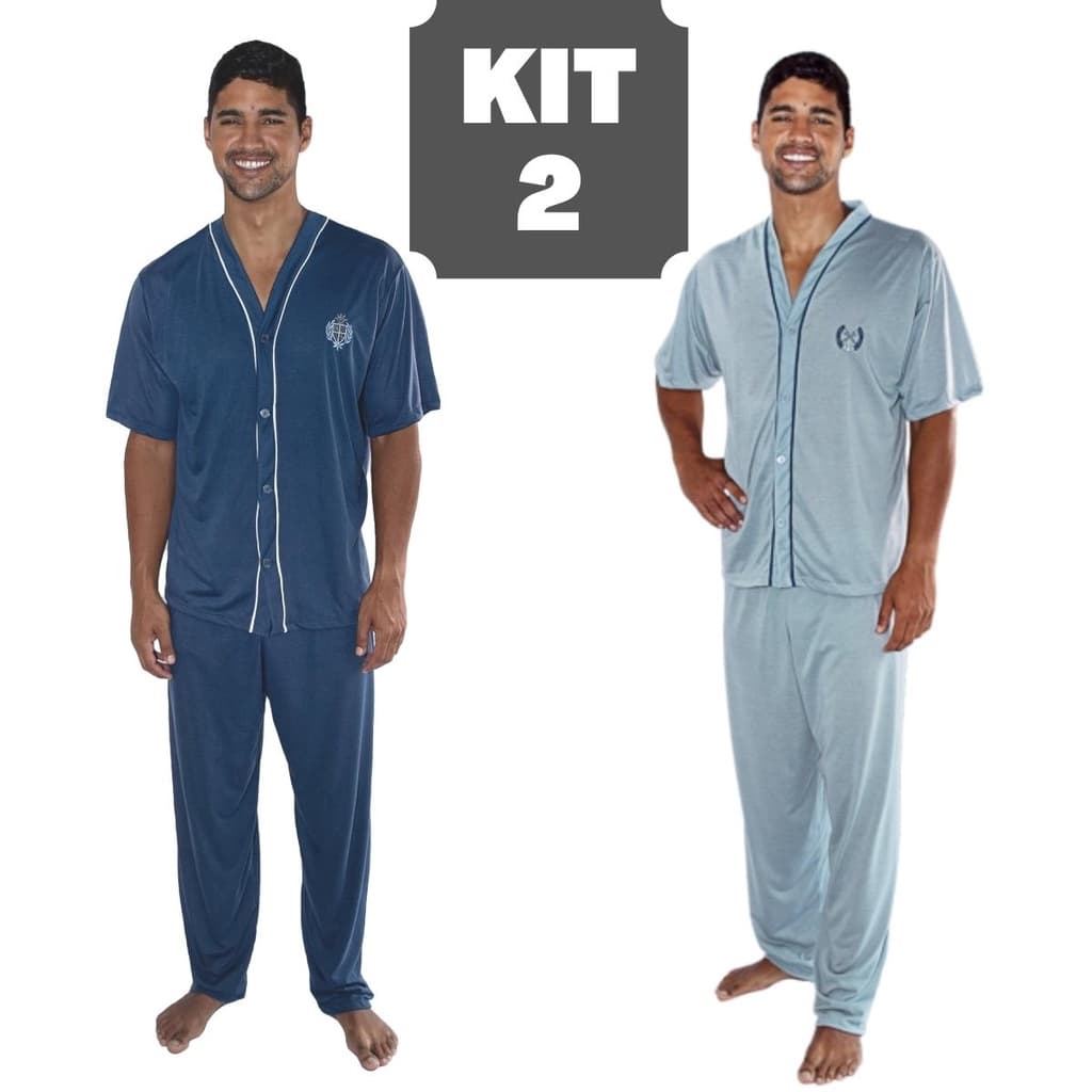 Kit 2 Pijamas Adulto Longo Masculino Meia Manga Calça Aberto com Botão Confortável Roupa de Dormir
