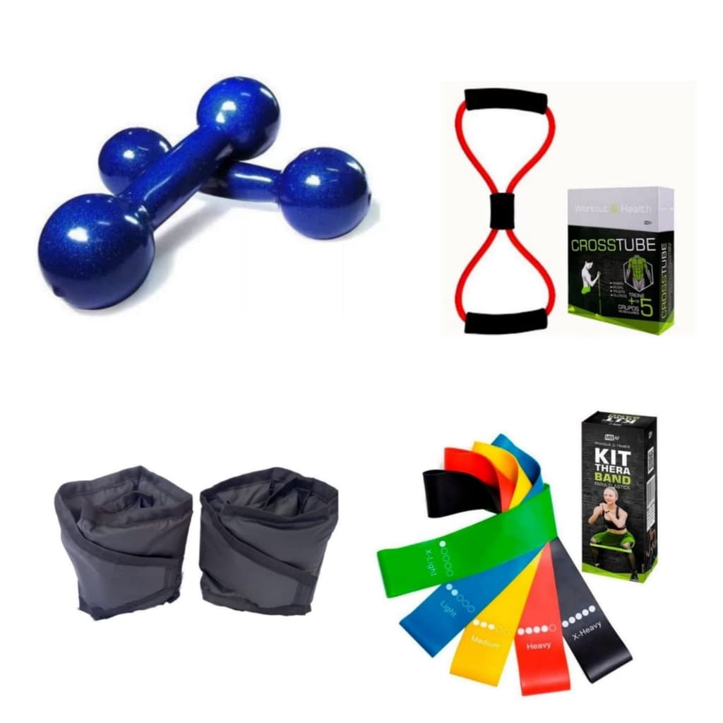 Kit Fisioterapia Completo Par Halter 0,50 Kg + Caneleira 0,50 Kg + Kit Theraband + Elástico Multifuncional