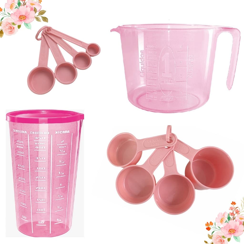 kit medidores 10 peças jarra de 1 litro copo de 500 ml com tampa xicara e colher na cor rosa bebê casa