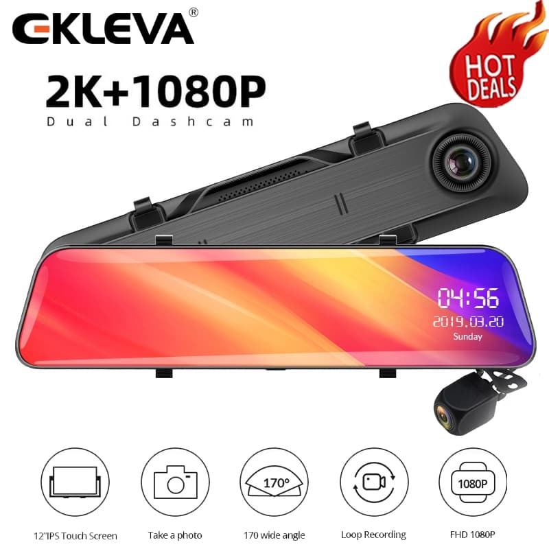 EKLEVA 12 Polegada IPS Tela De Toque 2K FHD Carro DVR Traço Câmera Lente Dupla Fluxo Vídeo Gravador Mídia Espelho Retrov