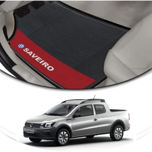 Kit Tapete De Carro Saveiro Dupla Estendida Bordado Couro