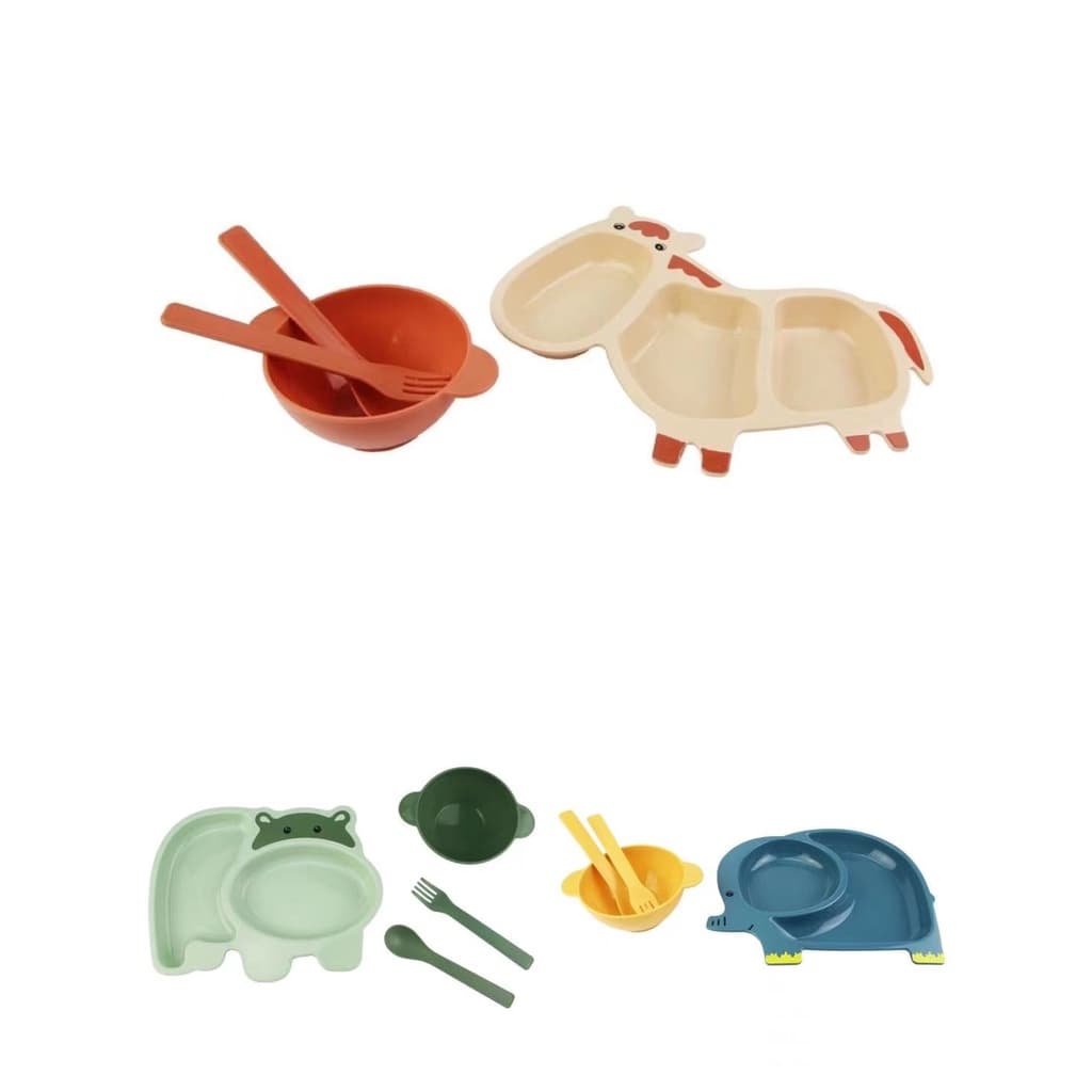 Conjunto Infantil Papinha Bebê 4 Peças Tigela Talher Prato/Prato infantil de plástico com 3 divisórias com colher e alças, Prato alimentação bebê Prato criança