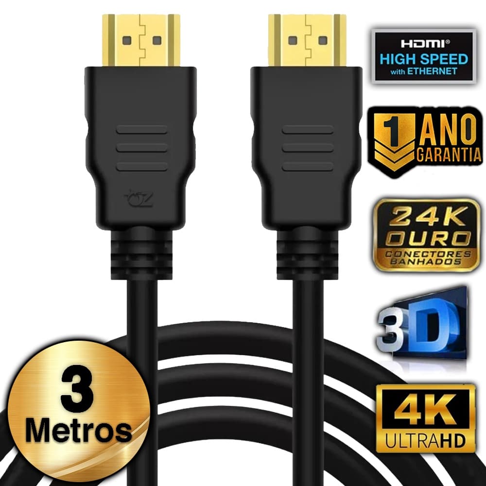 Cabo Hdmi 3 Metros 4k Premium Gold 1080p 3d  Full Hd Blindado 19 Pinos Notebook, PC, TV