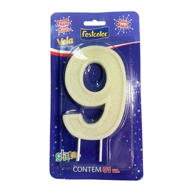 Vela Grande 15cm De Aniversário Número 9 Glitter Branco Festcolor - 1 Unidade