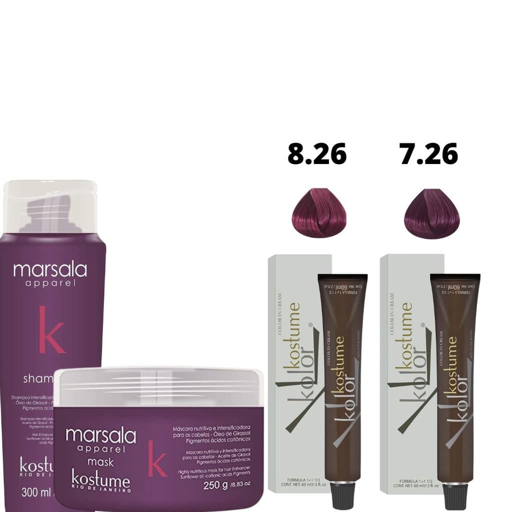 Kit Marsala Kostume Com Shampoo, Máscara, Coloração 8.26 e Coloração 7.26