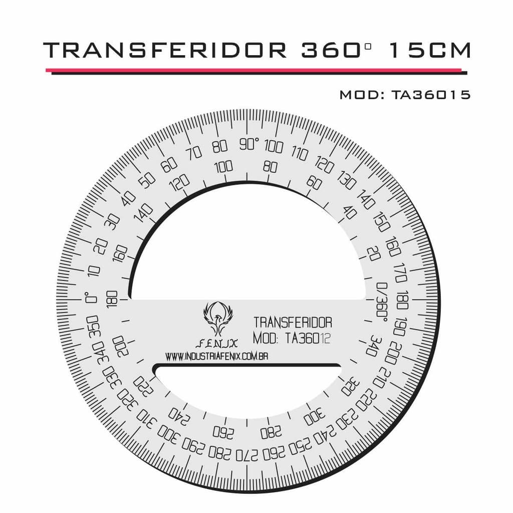 Transferidor 360 15 cm Acrílico Transparente com bordas retas sem chanfro Desenho Técnico Fenix