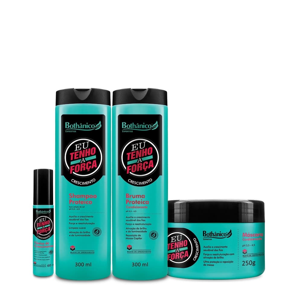 Kit Para Crescimento de Cabelo Cabelos Frágeis Eu Tenho a Força Bothânico Shampoo Bruma e Mascara e Tônico Crescimento