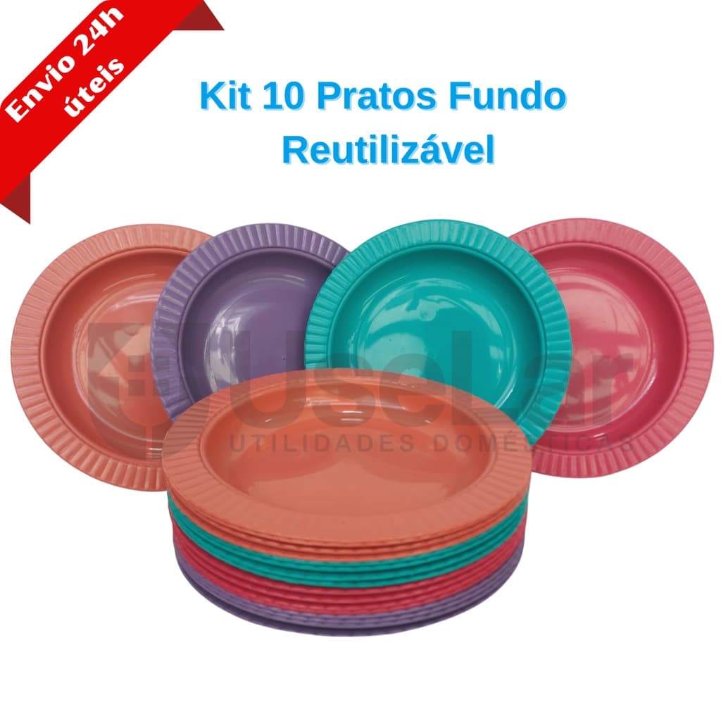 Kit 10 Pratos Fundo Redondo Plástico Para Refeição Reutilizável