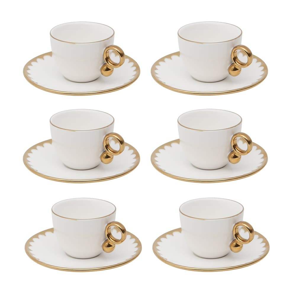 Cj 6 Xícaras P/Café C/Pires Porcelana EGG Branco/Dourado 90ml Wolff