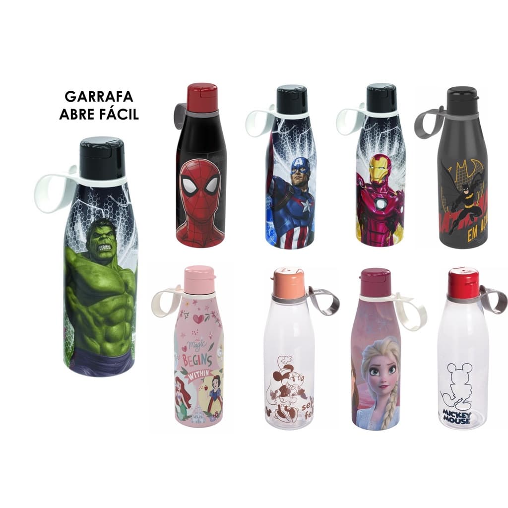Garrafa de Plástico 530ml Tampa Abre Fácil C/ Alça p/ Suco Água Refri Escolar Infantil Crianças Personagens Infantil