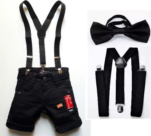 Bermuda Short Jeans Suspensório Gravata Infantil Menino Bebê