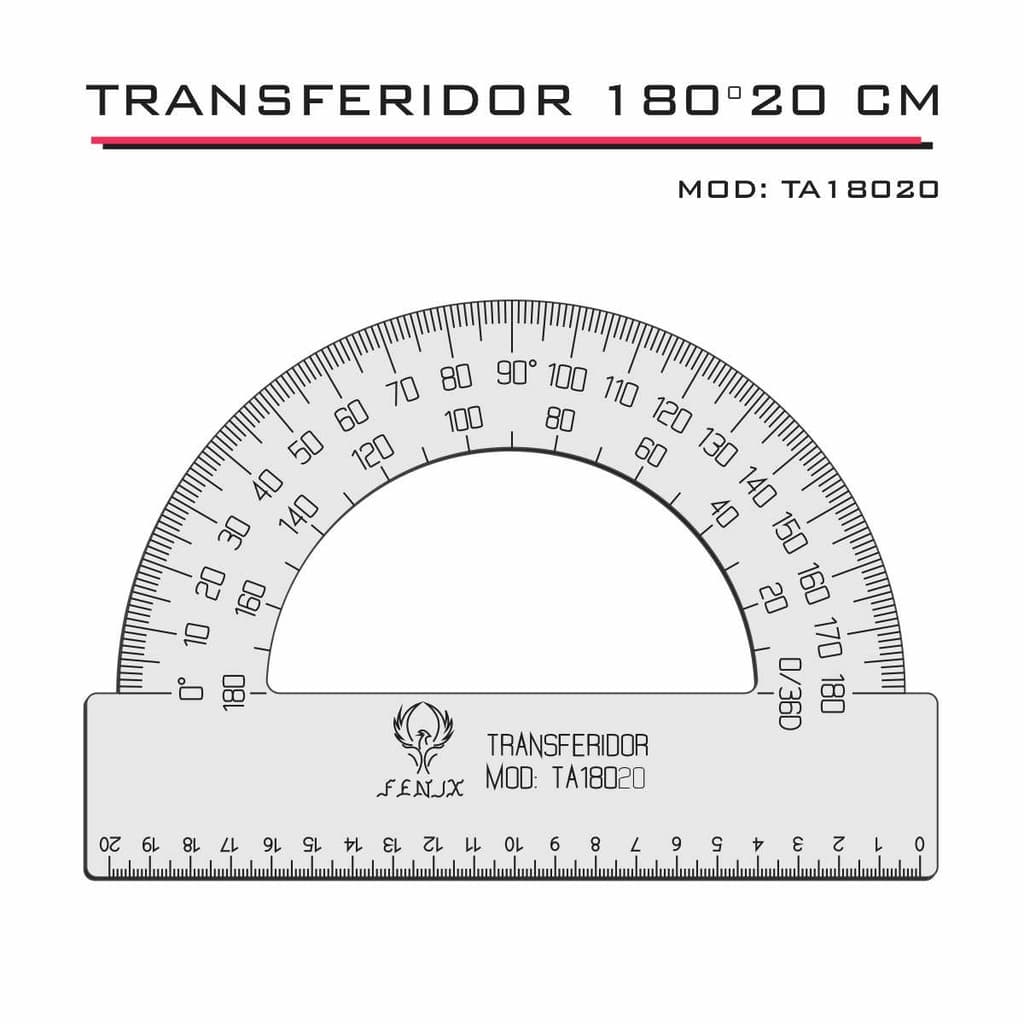 Transferidor  180 20cm Acrílico Transparente com bordas retas sem chanfro Desenho Técnico Fenix