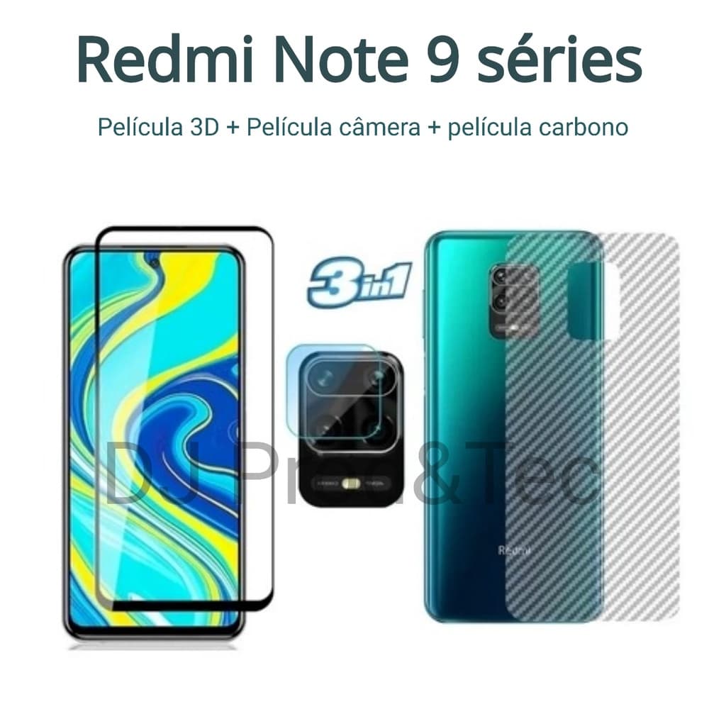 Pelicula para Xiaomi Redmi Note 9 | 9S | 9 Pro | 9 Pro Max - Película vidro 3D para tela + Película para câmera + película traseira em fibra de carbono para Xiaomi Redmi Note 9S