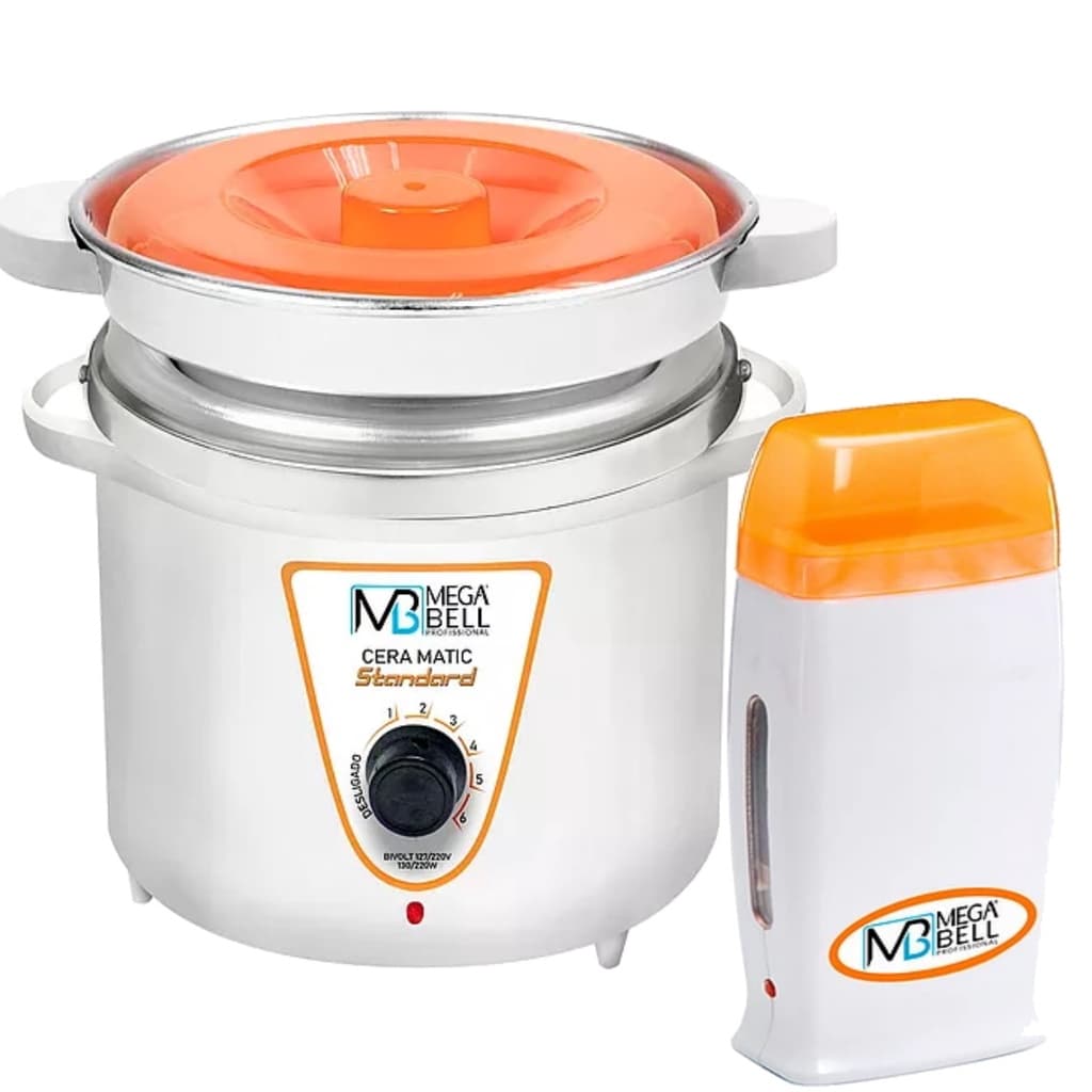 Kit Panela Depilação Termocera 900g Com Refil Branca Com Laranja + Aquecedor de Cera Roll-on Laranja