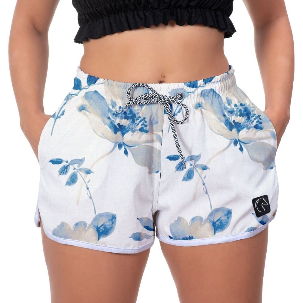 Short Feminino Moda Praia Premium Estilo Casual Soltinho Com Bolsos e Secagem Rápida Flores Azuis