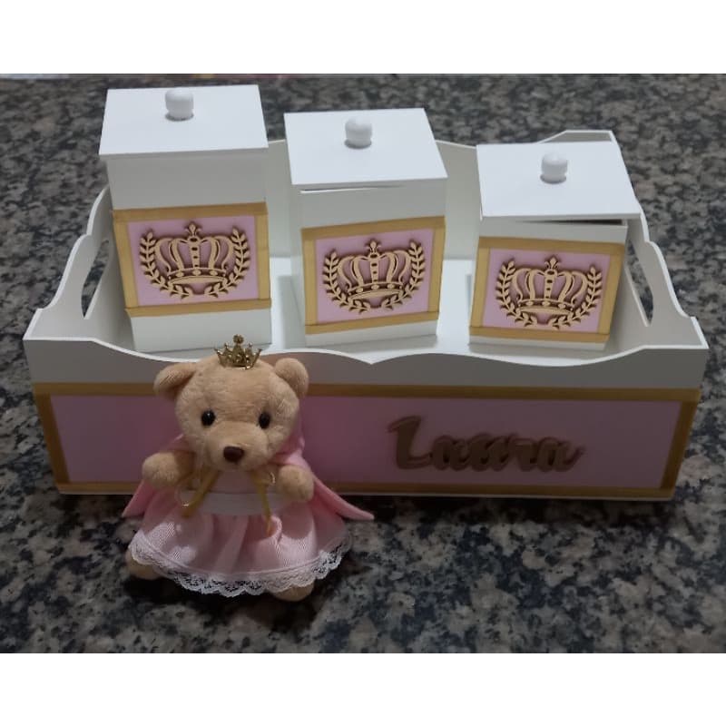 KIT HIGIENE bandeja 3 potes em mdf ursa princesa rosa