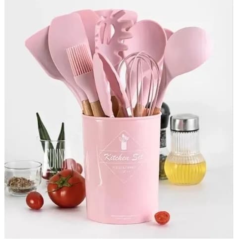 Jogo Kit 12 Colheres De Silicone Cabo De Madeira Livre BPA