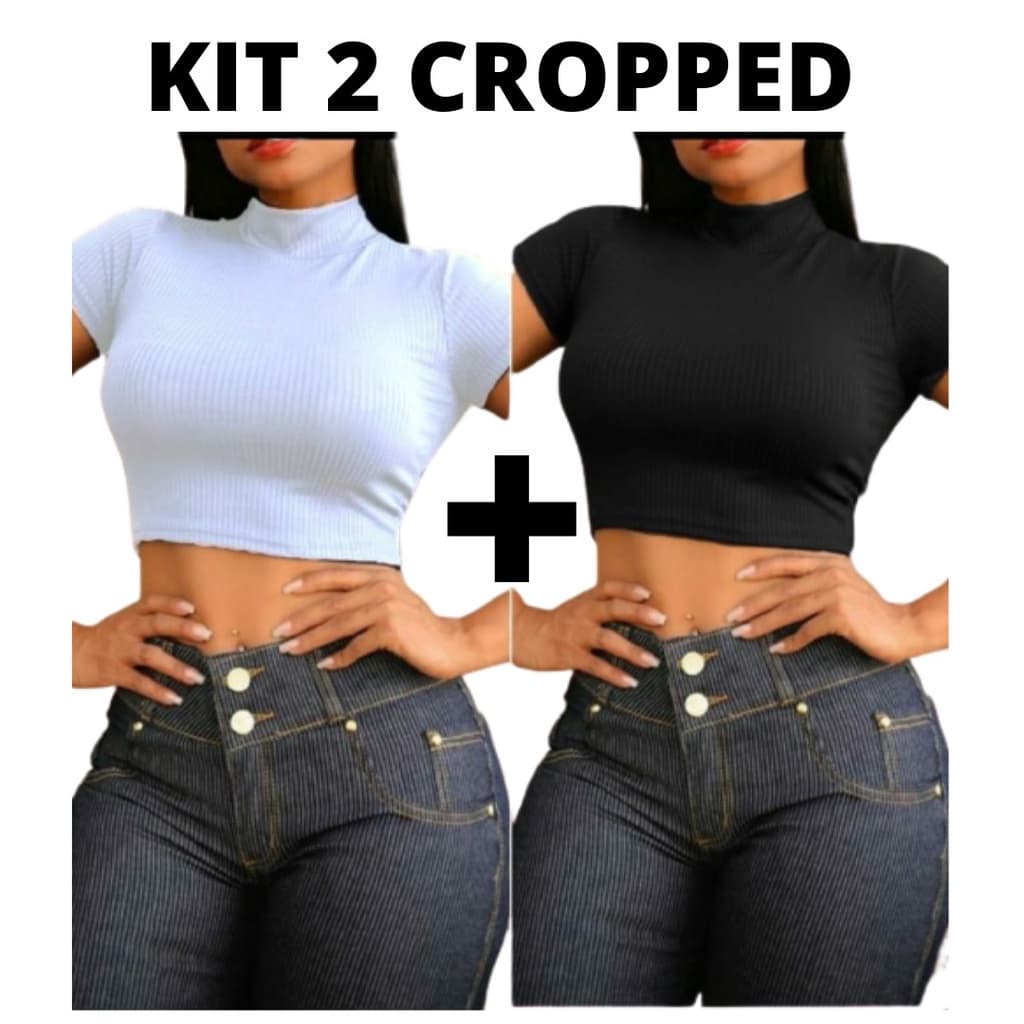 Kit 2 Cropped Gola Alta Canelado Manga Curta Blusa Blusinha Roupa Feminina Moda Verão (Inova Stilo)