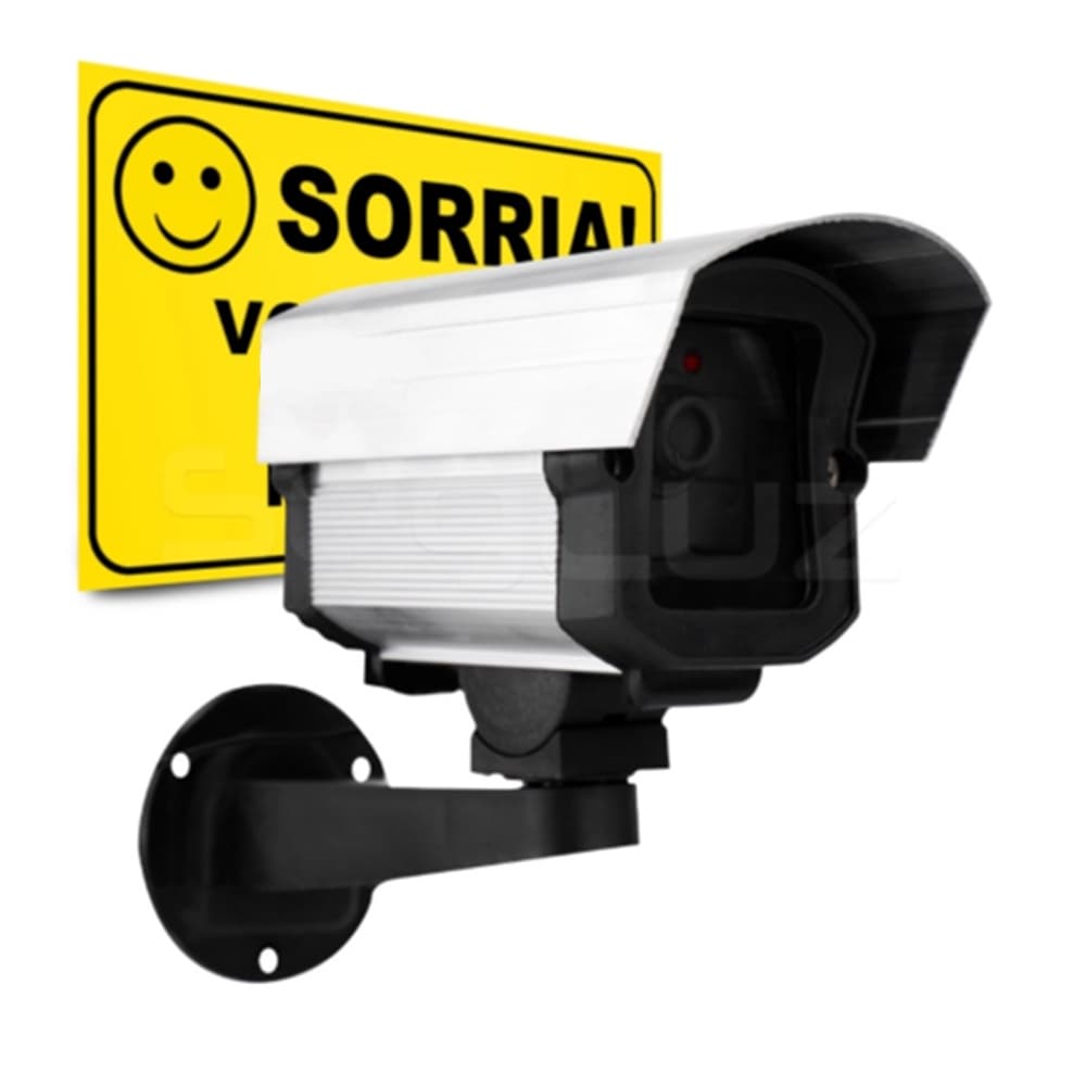 Micro Câmera Falsa Com Led P/ Segurança + Placa Sorria Você Está Sendo Filmado