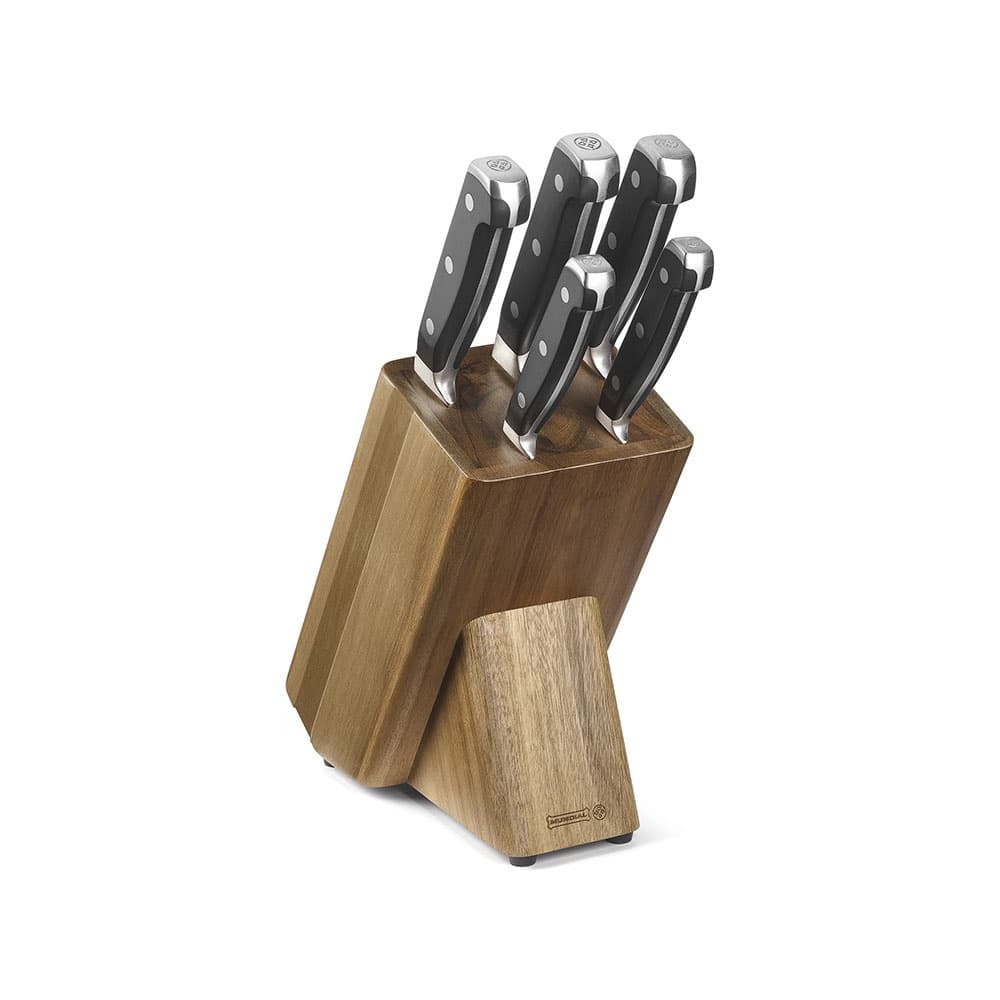 Conjunto Facas Mundial Inox Chef Kitchen 5 Peças com Cepo de Madeira