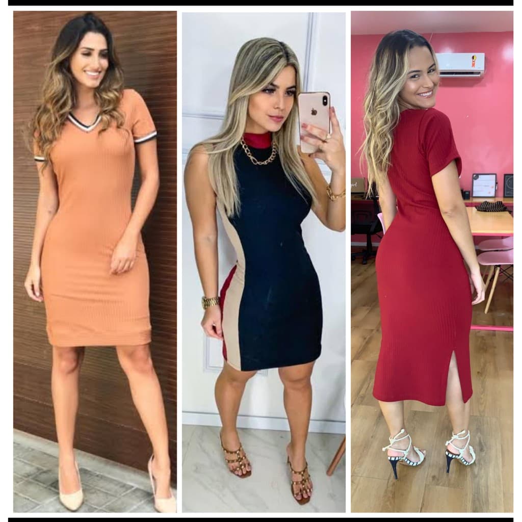 Vestido Variados Canelado, Suplex, Neoprene, Algodão, Midi Luxo Feminina Vestidos/moda gringa 2025