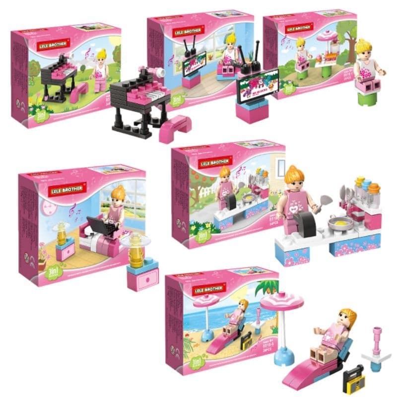 Legos, mini cenário de blocos de construção 3 em 1, com figuras para meninas