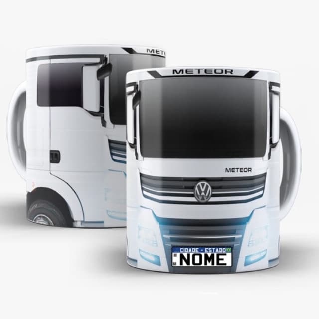 caneca xícara caminhão Volkswagen Meteor com seu nome na placa