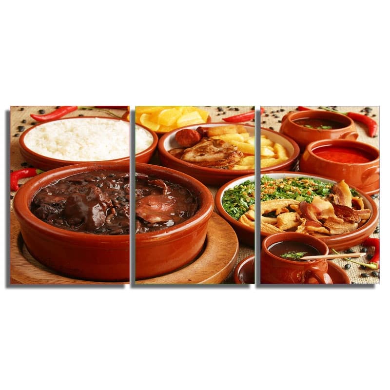 Kit Quadros Decorativos Mosaico 3 Peças Trio Comida Mineira Brasileira Feijoada Alimento Almoço Janta Decoração Cozinha Restaurante Comida de Vó