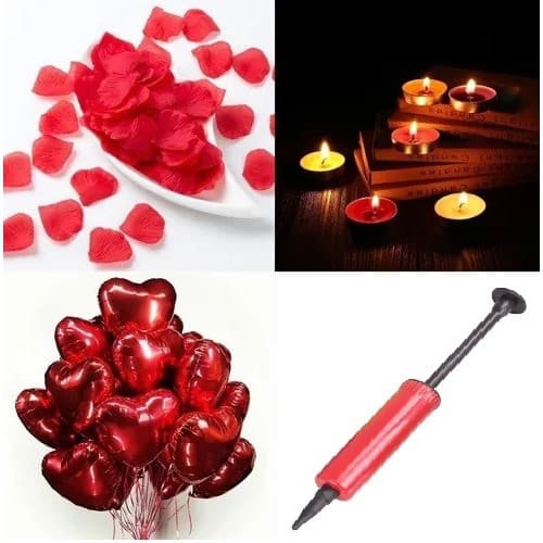 Kit Romântico 200 Pétalas Artificiais + 4 Velas + 4 Balões Coração 45cm + Mini Bomba FMY