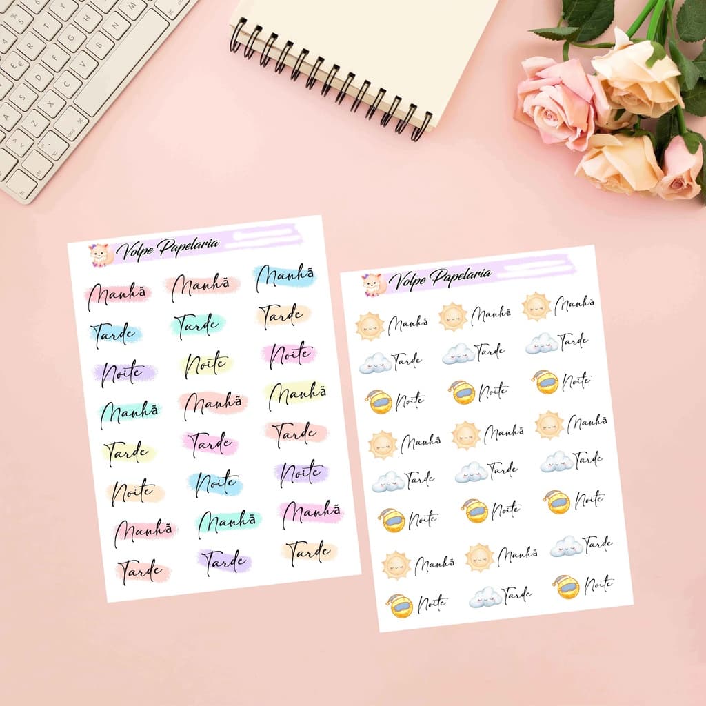 Cartela de adesivos Manhã, tarde e noite - Decoração de planner - agenda - bujo-