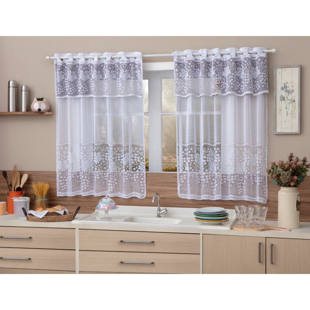 Cortina Branca ou Estampada Cozinha Renda GROSSA  2,50mts x120 mts +30 cm Bandô.