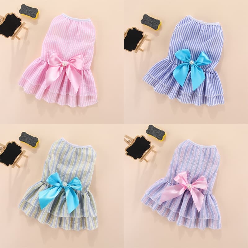 Vestido De Cachorro Com Laço De Roupas De Gato Verão Finas Listras Verticais Saia Para Animais De Estimação