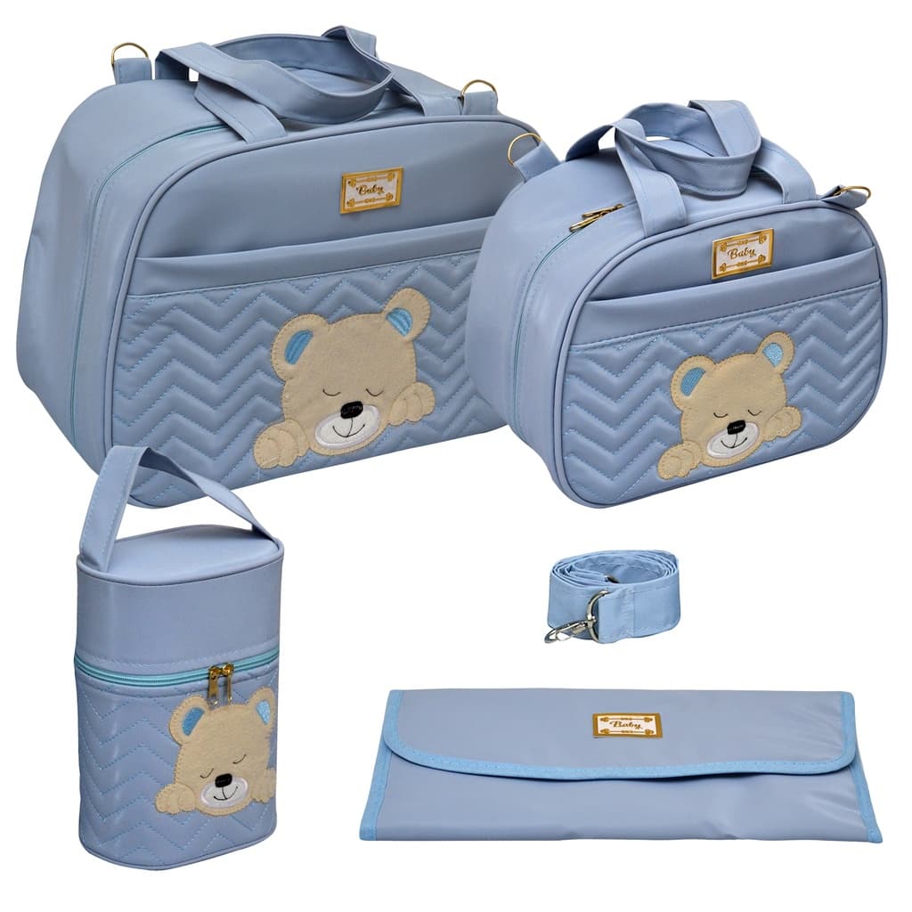 Kit Bolsa Mala Maternidade Luxo Azul Bebê Urso Menino/Masculino 4 Peças
