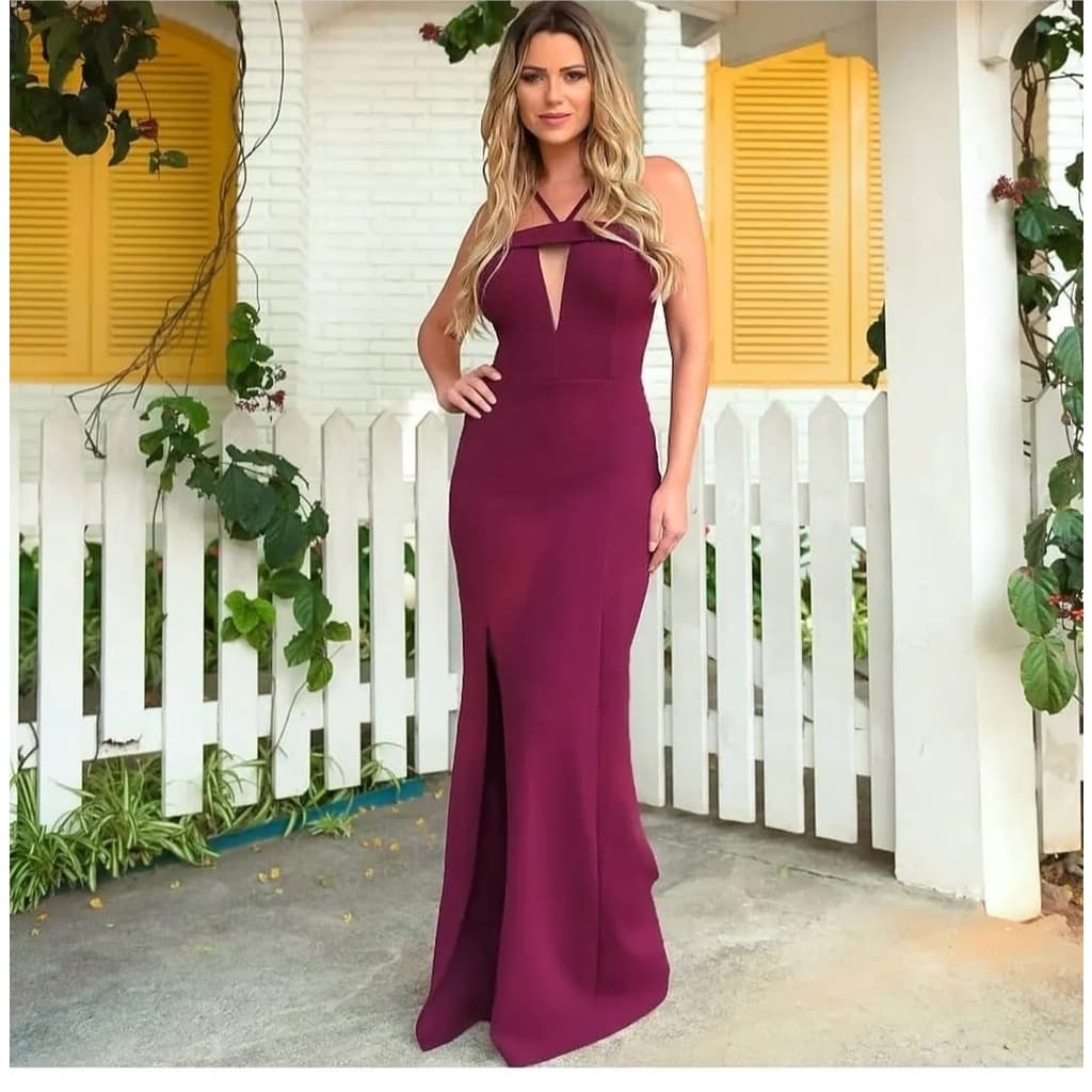 Vestido Longo Feminino Festa Madrinha Casamento Formatura Tecido Crepe lurex Modelo Alcinha Com Decote e Tule 2 Alca