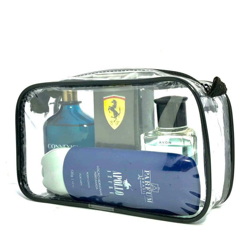 necessaire / estojo escolar / guarda itens para viagem / necessaire transparente e preta / azul / rosa